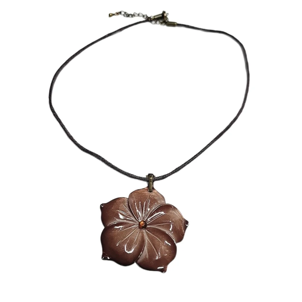 Brown Glass Flower Pendant Necklace with Pink Rhinestone on Brown Cord | NWOT